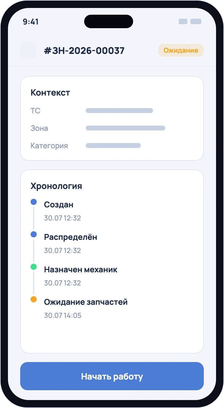 Схема мобильного приложения Этопарк: карточка заказ-наряда с хронологией и кнопкой начала работы
